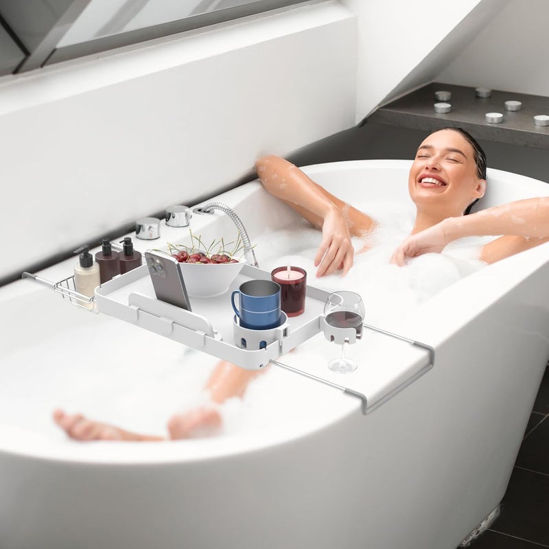 CLESOO Bathtub Tray for Large Soaking Tub Table Tray Expandable Tub Shelf for Bathtub Caddy Bath Shelf Over Tub Luxury Bath Board Book Holder with Removable 2 Cup Holder Phone Metal Shower Caddy Basket White - Image 2